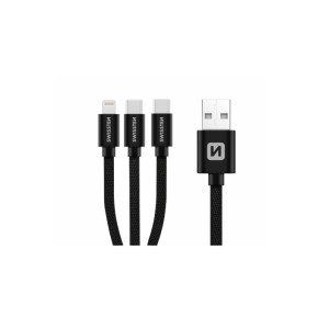 Swissten 72501103 - TEXTILE 3-in-1 Καλώδιο USB-A σε Lightning/Type-C * 2, 1.2m με Ναϋλον Ύφανση, Μαύρο Καλώδια Onetrade